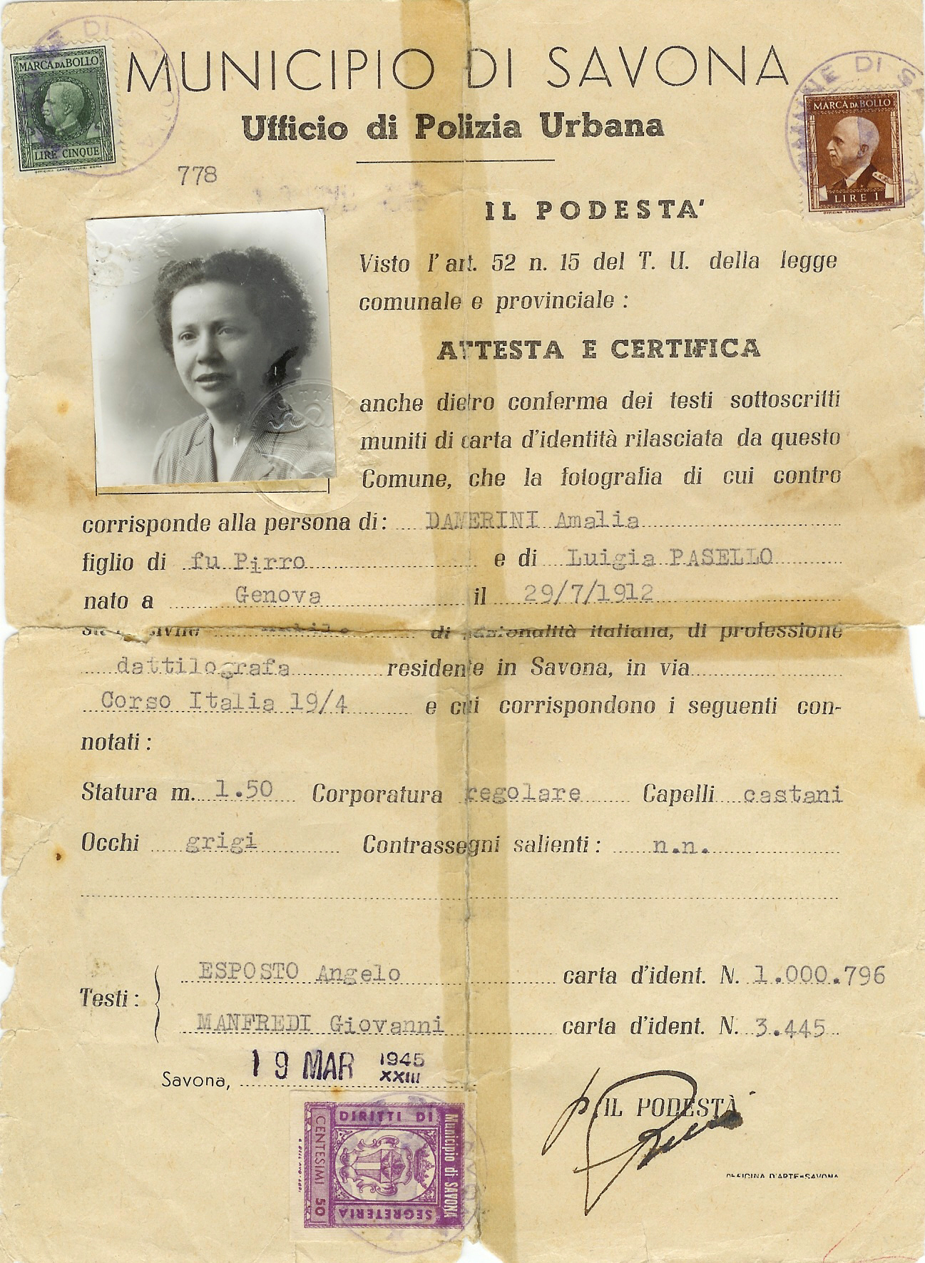 Carte Didentità Di Marcellina Oriani Comune Di Cusano