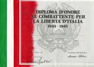 Diploma d'onore al combattente per la libertà d'Italia a firma del Presidente della Repubblica Sandro Pertini