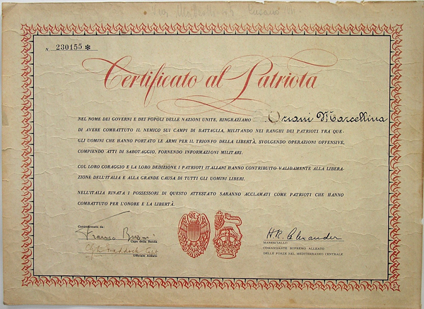 Certificato di patriota a firma del Comandante delle forze alleate in Italia, Generale Alexander
